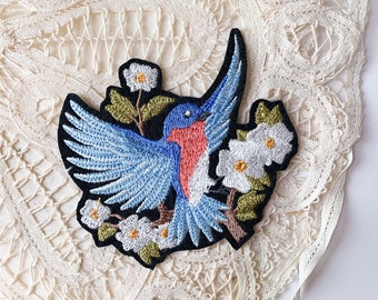 Blue Color Bird with White Flower Iron-on Patch, Romantic Bird and Floral Applique, Bird Badge for Black Denim and Jean, Bird Embroidery