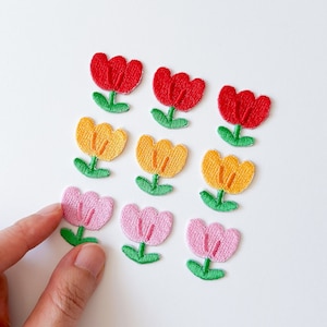 Set von Mini Tulpen Blume Aufnäher, gestickte Applikation für Canvas Schuhe Taschen, Dekor für T-Shirt Socken Jeans Denim, Geschenk DIY