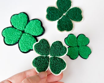 Clover Chenille Patch, Lucky Four Leaf Clover Iron on Patch, Shamrock Applique for Shirt and Hat, Irish Embroidered Badge