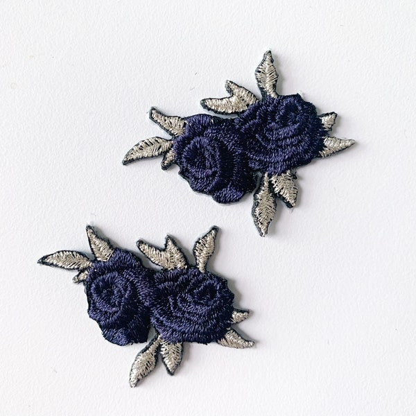 Set of 2 Small Black Rose Iron-on Patches, Mini Flower Embroidered Appliques, Tiny Black Rose Badge, Floral Mini Patch
