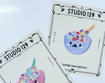 Cute Cereal Bowl Iron on Patch for Backpack, Kawaii Embroidered Applique Badge, Pastel Cool Patch for Jeans, Girls Gift DIY