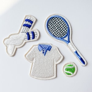 Set of 4 Embroidered Tennis Patch in Blue or Pink, Tennis Bag Embroidery Applique, Tennis Lover Gift DIY Craft, Mini Iron on Patches