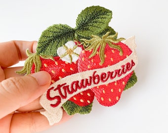 Bestickte Erdbeeren Aufbügler, Vintage Stil Obst Applikation, Aufnäher für Einkaufstasche Schürze Beutel Tücher, große Embroidery Abzeichen Abzeichen