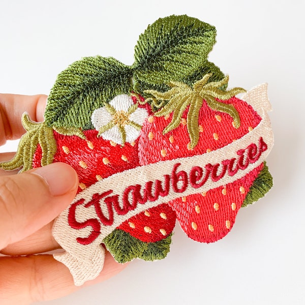 Embroidered Strawberries Iron-on Patch, Vintage Style Fruit Applique, Patch for Tote Bag Apron Pouch Cloths, Large Embroidery Patch Badge