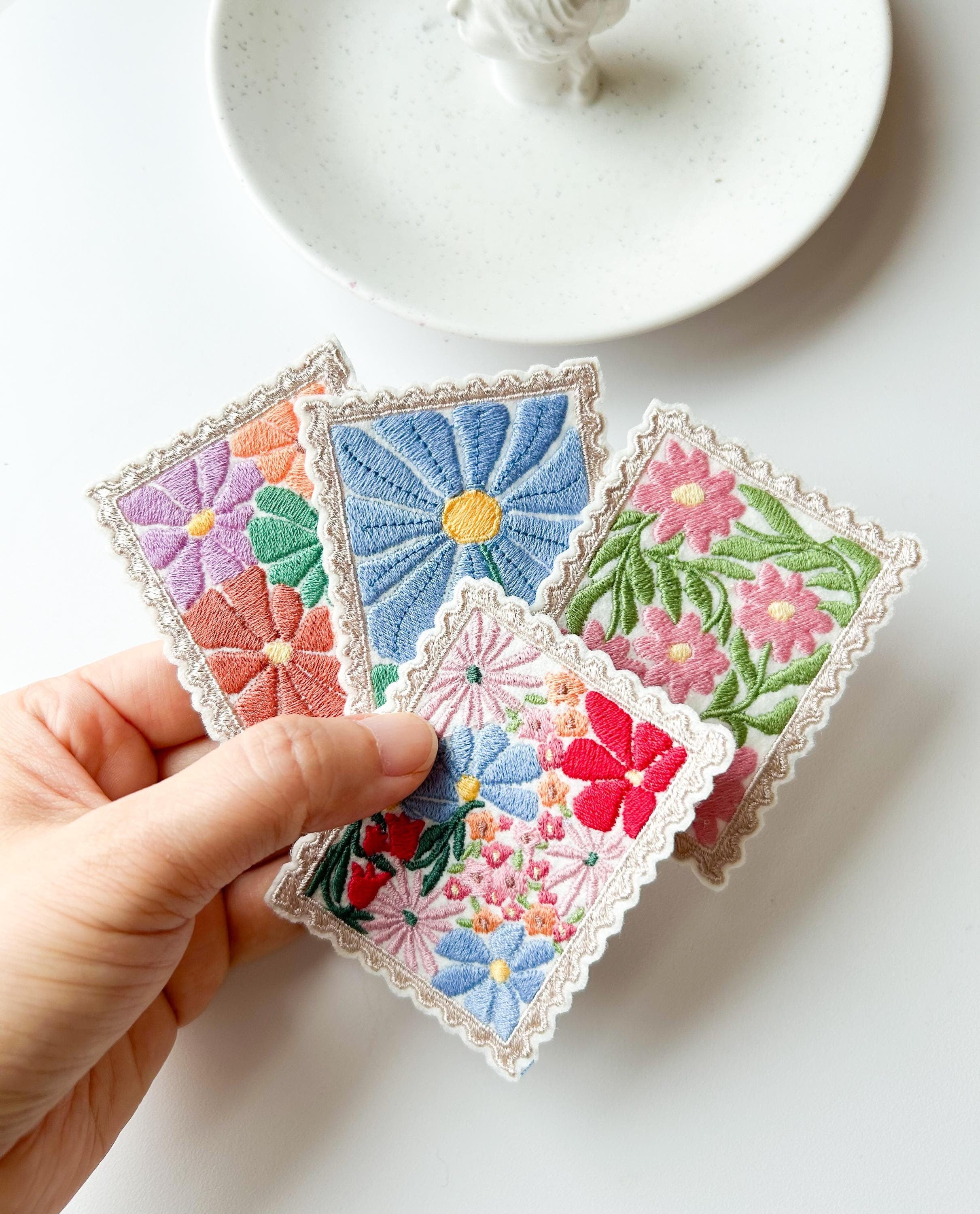 Flower Stamp Iron on Patches, Floral Embroidered Applique, Vintage Stamp Patch, Decor for Jeans Bag Sweatshirt, Small Gift Ideas