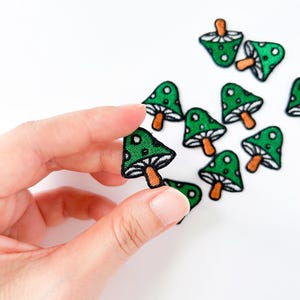 Set of Mini Green Mushroom Embroidered Patches, Small Toadstool Applique Badges, Cute Red Magic Mushroom Iron on Patch, Cottagecore Craft