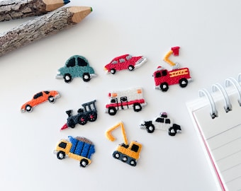 ミニレースカー車両パッチ9個セット、かわいい小さな車の刺繍入りアイロン接着パッチ、男の子用小型車アップリケ、男の子用クリスマスプレゼント