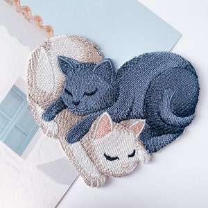 Cat Heart Iron-on Patch Large Size, Gray and Beige Cats Embroidered Applique Badge Patch, Kitty Patch for Sweatshirt Jeans Hat