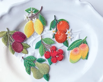 Toppe termoadesive con piccoli frutti, toppa ricamata ciliegia mango prugna pera arancio limone, applique artigianale per decorazioni in tessuto da cucina, distintivi di frutta