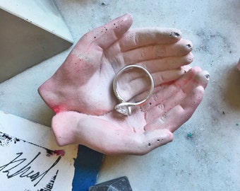 Small Batch Serenity Pink Concrete Hands Catchall Card Holder Jewelry Ring Holder Tealight Holder