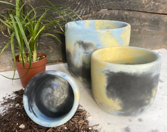 Trio of Marbled Round Concrete Pots