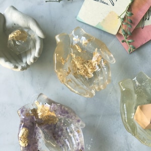 Resin Amethyst Crystal & Gold Leaf Filled Hands Catchall Card Holder Jewelry Ring Holder Tealight Holder