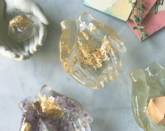 Resin Amethyst Crystal & Gold Leaf Filled Hands Catchall Card Holder Jewelry Ring Holder Tealight Holder