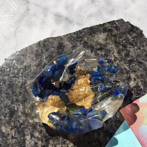 Resin Lapis and Gold Leaf Crystal Filled Hands Catchall Card Holder Jewelry Ring Holder Tealight Holder image 3