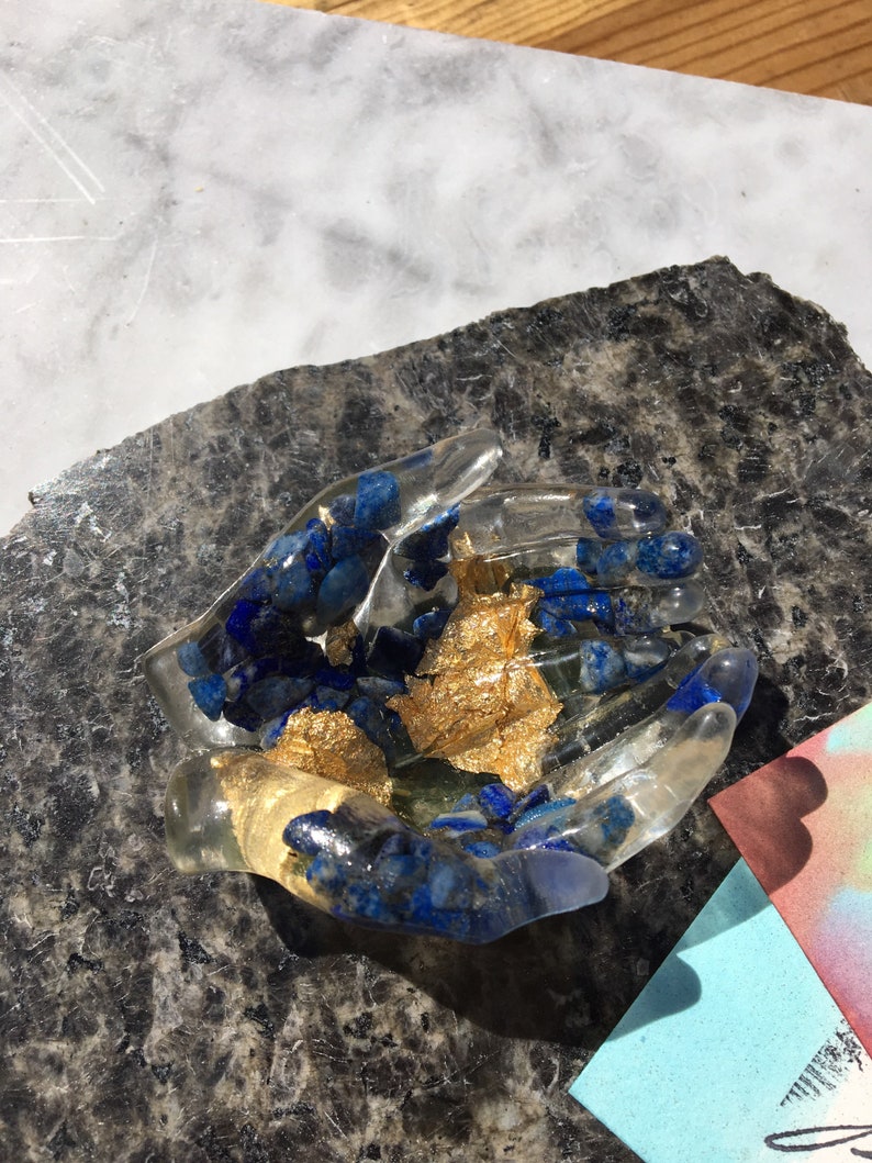 Resin Lapis and Gold Leaf Crystal Filled Hands Catchall Card Holder Jewelry Ring Holder Tealight Holder image 3