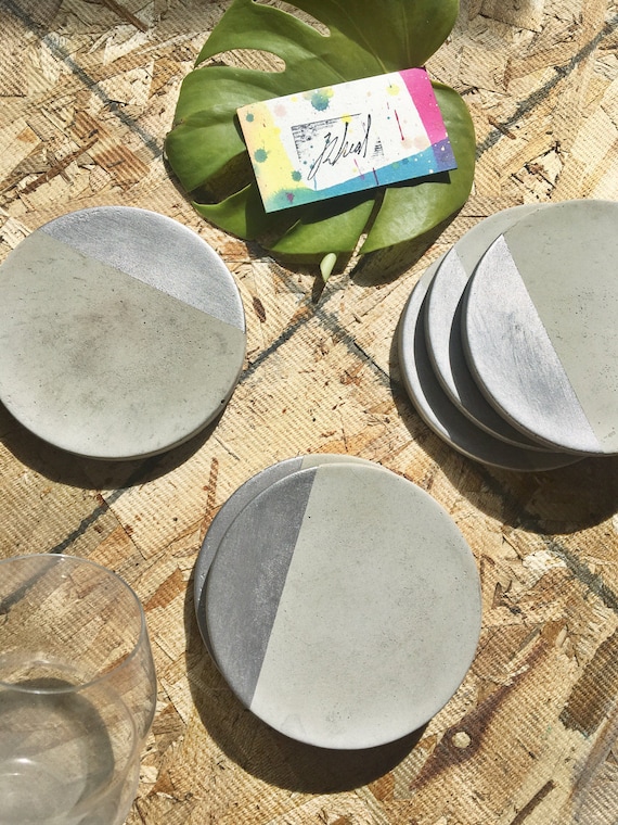 Concrete Coaster with Silver Set of Four Etsy