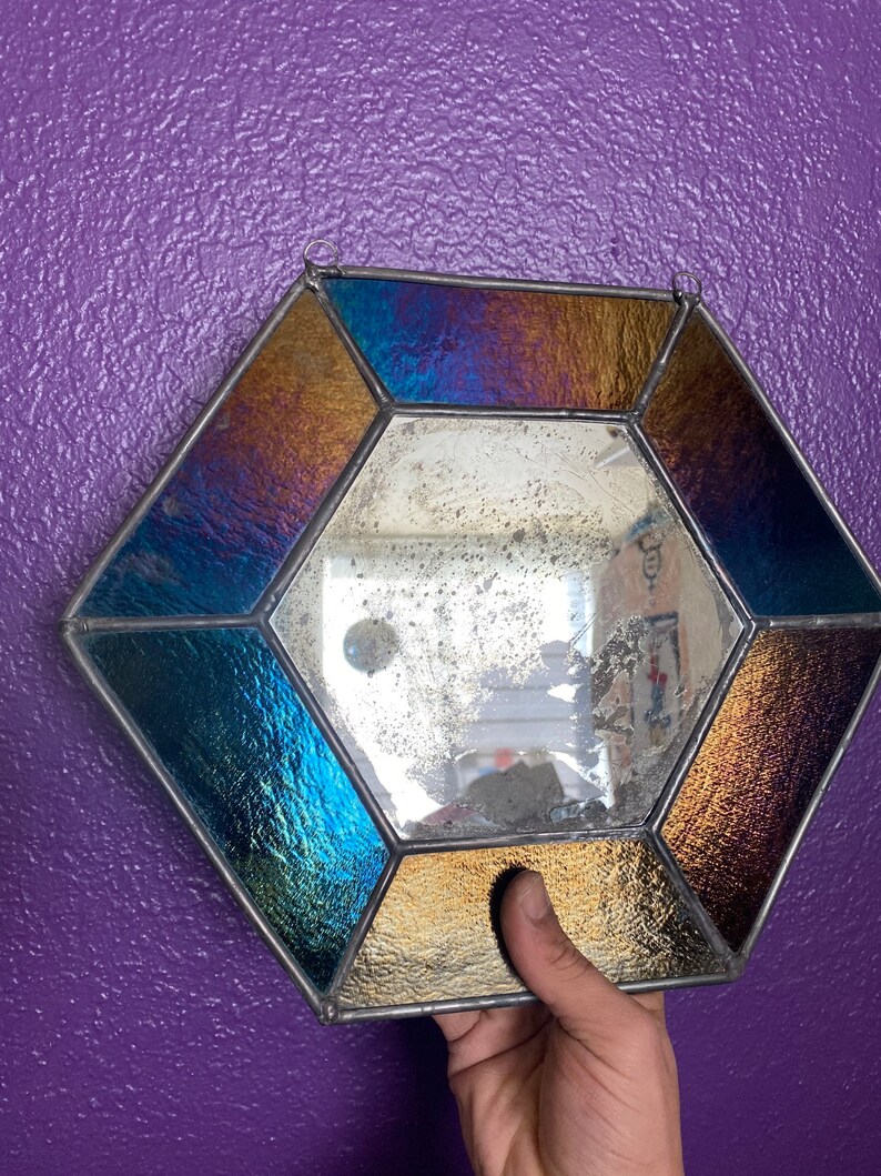 Gem Iridescent Rainbow Stained Glass with Antiqued Mirror image 3