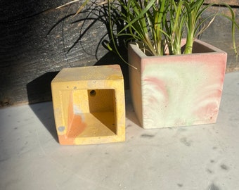 Set of Two Marbled Square Marbled Concrete Pots