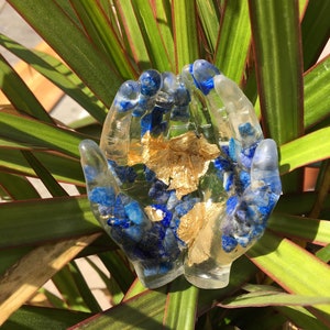 Hars Lapis en Gold Leaf Crystal Gevulde Handen Catchall Kaarthouder Sieraden Ring Houder Waxinelichthouder