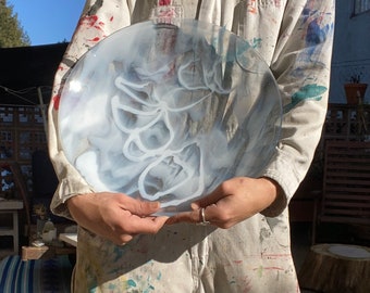 Large Round Marbled Glass Catchall Display Serving Platter One of a Kind