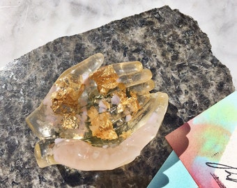 Resin Rose Quartz and Gold Leaf Crystal Filled Hands Catchall Card Holder Jewelry Ring Holder Tealight Holder