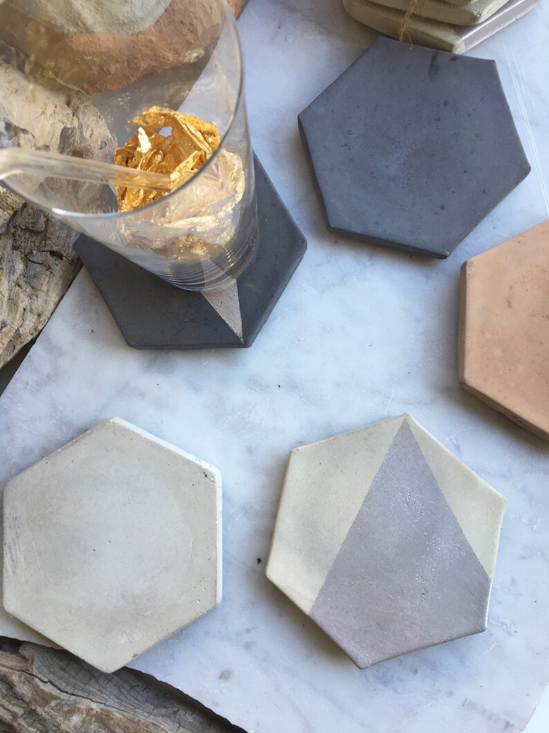 Hexagon Concrete Coaster with Silver Set of Four image 2