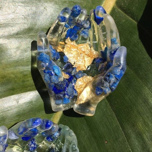 Resin Lapis and Gold Leaf Crystal Filled Hands Catchall Card Holder Jewelry Ring Holder Tealight Holder image 4