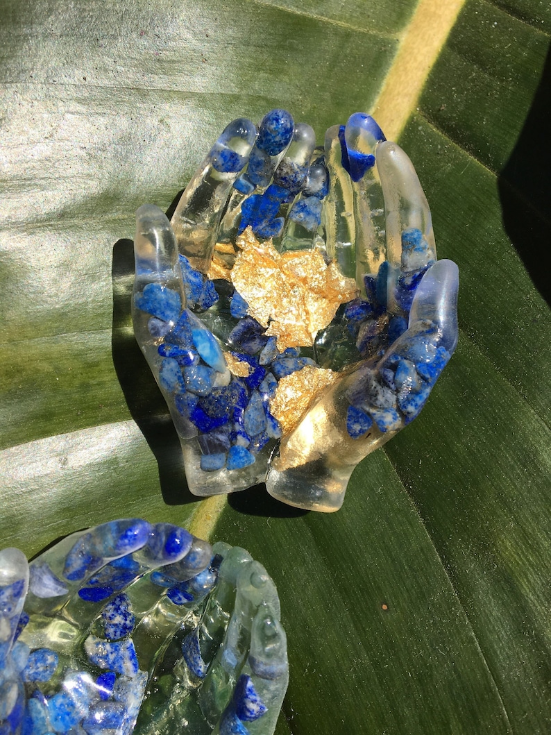 Resin Lapis and Gold Leaf Crystal Filled Hands Catchall Card Holder Jewelry Ring Holder Tealight Holder image 4
