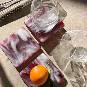 Limited Batch Marbled Glass Coaster Set of Four Cranberry Ice image 1