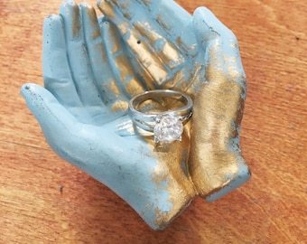 Gold Gilded Blue Concrete Hands Catchall Card Holder Jewelry Ring Holder Tealight Holder