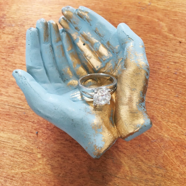 Gold Gilded Blue Concrete Hands Catchall Card Holder Jewelry Ring Holder Tealight Holder