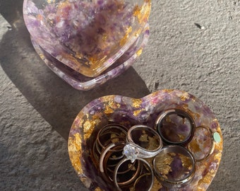 Resin Amethyst and Gold Leaf Crystal Filled Heart Catchall Card Holder Jewelry Ring Holder Tealight Holder