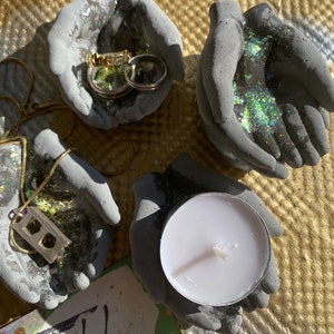 Holographic Glitter Gilded Charcoal Concrete Hands Catchall Card Holder Jewelry Ring Holder Tealight Holder image 1