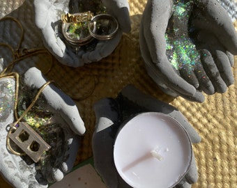 Holographic Glitter Gilded Charcoal Concrete Hands Catchall Card Holder Jewelry Ring Holder Tealight Holder