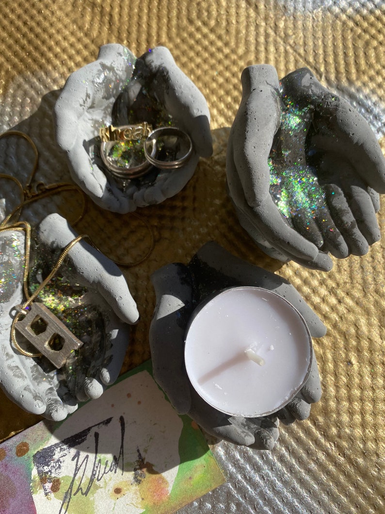 Holographic Glitter Gilded Charcoal Concrete Hands Catchall Card Holder Jewelry Ring Holder Tealight Holder image 1