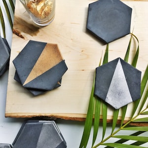 Charcoal Hexagon Concrete Coaster with Gold (Set of Four)