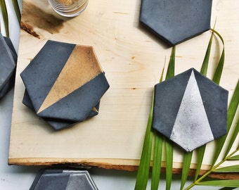 Charcoal Hexagon Concrete Coaster with Gold (Set of Four)