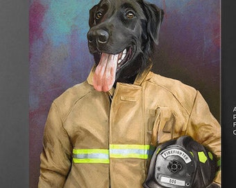 Firefighter Pet Portrait, Pet portrait, Custom Pet Portrait, firefighter, pet, dog, pet memorial, memorial, unique decor, cat, dog portrait