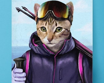 Portrait d'animal de compagnie de ski, portrait d'animal de compagnie personnalisé, portrait d'animal de compagnie, chien de snowboard, chat de snowboard, chien de ski, chat de ski, portrait d'animal de compagnie drôle, impression d'animal de compagnie