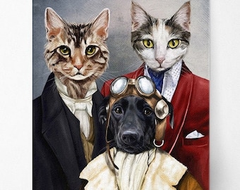 Trio Pet Portrait, Multi pet portrait, Pet Portrait, Custom Pet Portrait, royal pet portrait, funny pet portrait, multiple pets, family pets