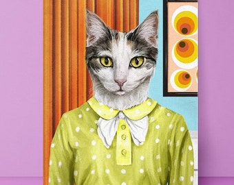 May include: A digital painting of a cat wearing a green dress with white polka dots and a white bow. The cat has black and white fur and yellow eyes. The background is a retro-style room with orange curtains and a painting of colorful circles.