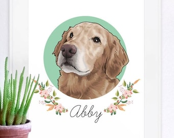 Pode incluir: Retrato emoldurado de um cão Golden Retriever chamado Abby. A cabeça do cão está centrada em um círculo verde claro, rodeado por uma grinalda floral. O nome do cão está escrito em itálico abaixo.