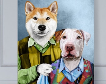 Può includere: Un dipinto di due cani in un ritratto in stile fratello e sorella. Il cane a sinistra è uno Shiba Inu che indossa una camicia a quadri verde e gialla. Il cane a destra è un Pitbull bianco e marrone che indossa un maglione a motivi blu e rossi.