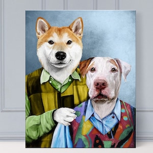 May include: A painting of two dogs in a sibling style portrait. The dog on the left is a Shiba Inu wearing a green and yellow plaid shirt. The dog on the right is a white and brown Pitbull wearing a blue and red patterned sweater.