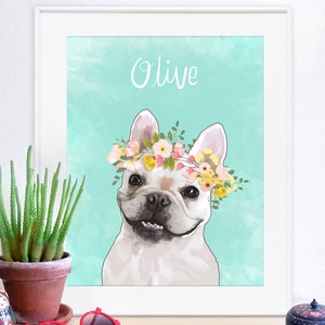 Flower Crown Pet Portrait, Custom pet portrait perfect for funny pet gifts to pet loss memorial, flower dog portrait, dog painting, pet image 1