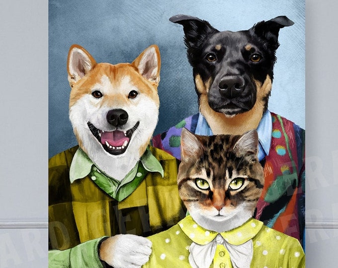 Sibling Trio Pet Portrait, Multi pet portrait, Pet Portrait, Custom Pet Portrait, family pets, pet, dog, cat, personalized, pet git, gifts