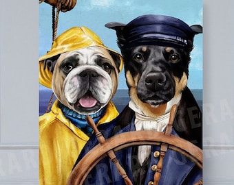 Può includere: Un dipinto di due cani vestiti da marinai. Il cane a sinistra è un bulldog che indossa un impermeabile giallo e tiene un timone. Il cane a destra è un cane nero e marrone che indossa un'uniforme da marinaio blu e un cappello da capitano. Lo sfondo è un cielo blu e un oceano.