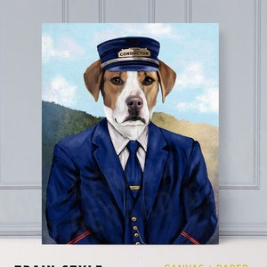 Pet Portrait, Train Conductor, Train, Engineer, Engineer gift, Custom Pet Portrait, cat, dog, dog portrait, pet, personalized, gift,wall art
