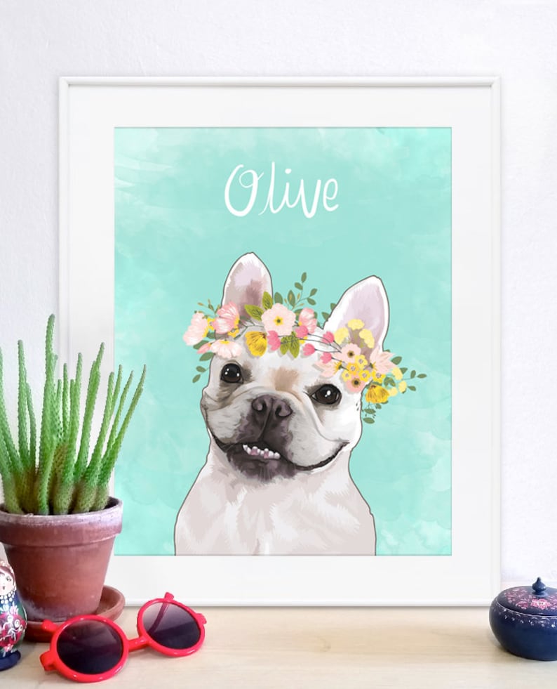 Flower Crown Pet Portrait, Custom pet portrait perfect for funny pet gifts to pet loss memorial, flower dog portrait, dog painting, pet image 1