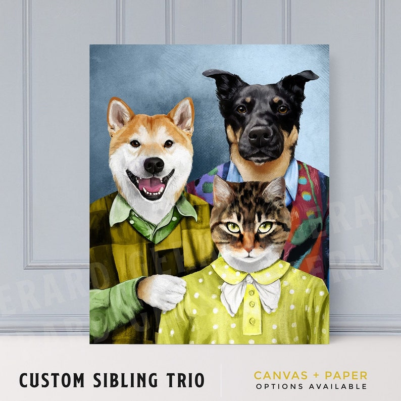 May include: A digital painting of three pets, a Shiba Inu dog, a black German Shepherd dog, and a tabby cat, dressed in human clothing. The Shiba Inu is wearing a green and yellow plaid shirt, the German Shepherd is wearing a colorful patterned shirt, and the tabby cat is wearing a yellow dress with white polka dots. The painting is set against a blue background.